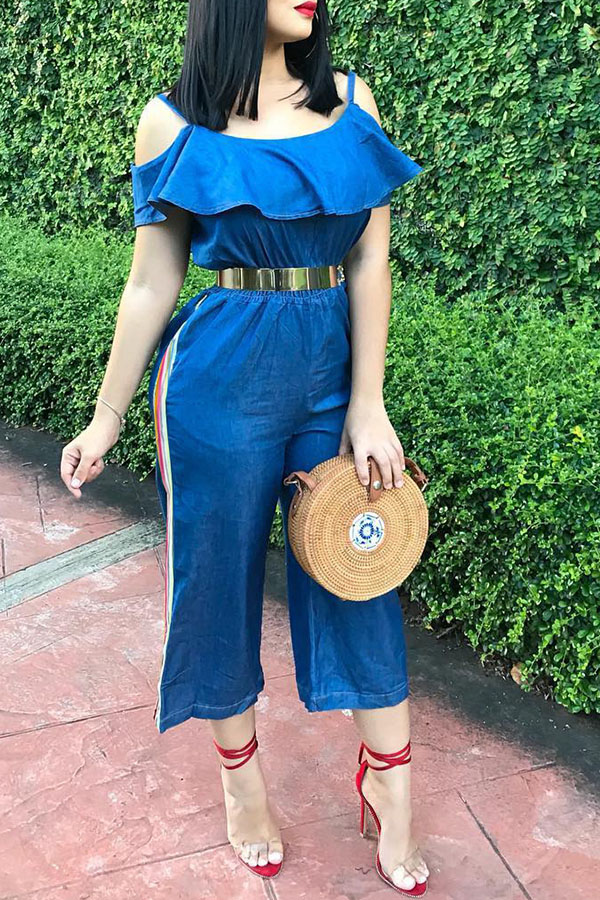 

Lovely Euramerican Flounce Design Loose Blue Denim One-piece Jumpsuit