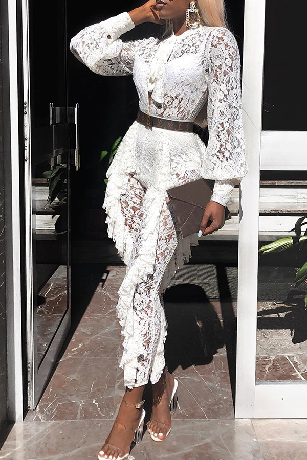

Lovely Elegant Flounce Design White Lace One-piece Jumpsuit