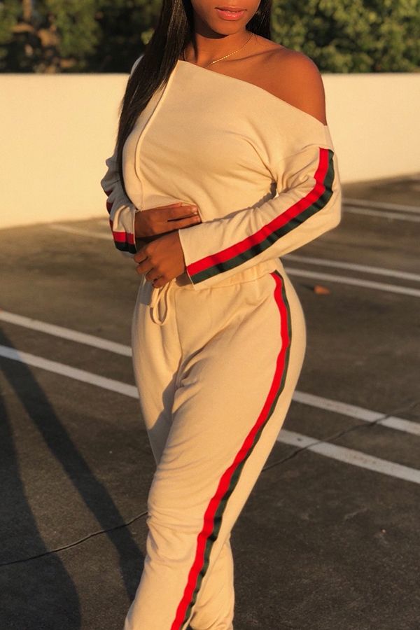 

Lovely Euramerican Dew Shoulder Striped White Cotton Two-piece Pants Set