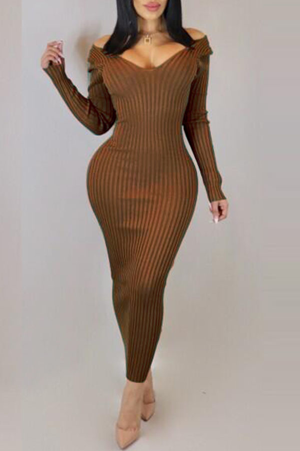 

Lovely Casual Long Sleeves Slim Brown Ankle Length Dress