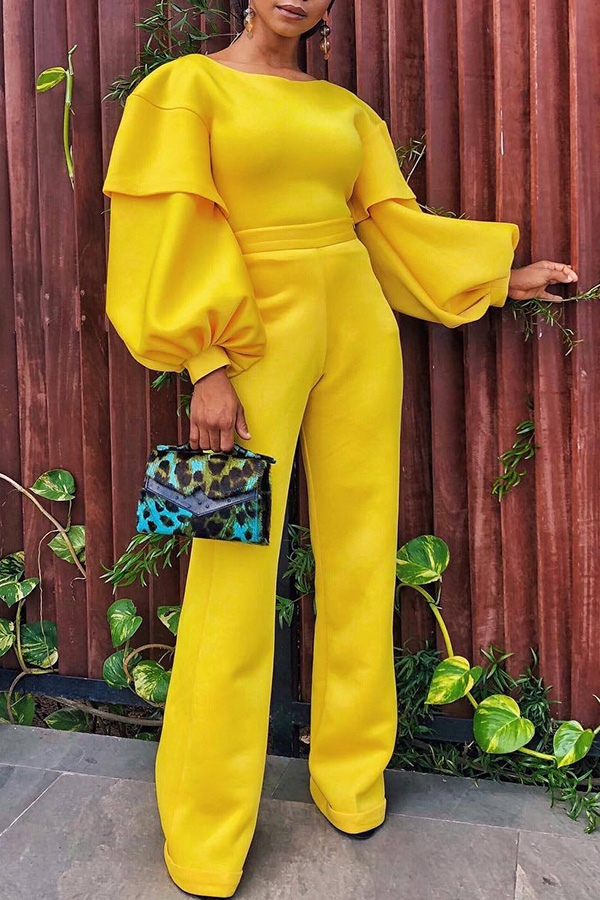 

Lovely Vogue Puffed Sleeves Loose Yellow One-piece Jumpsuit
