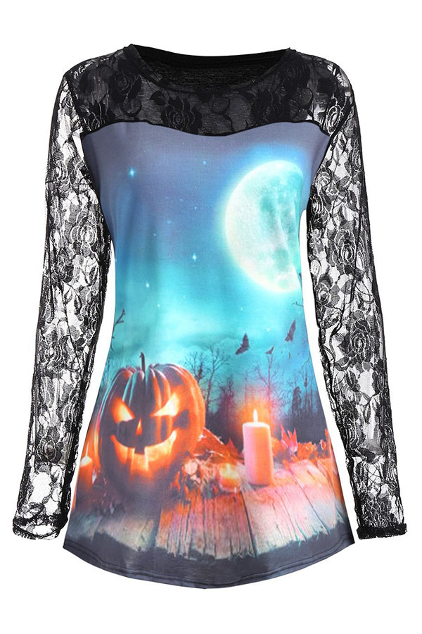 

Lovely Euramerican Patchwork Printed Black T-shirt