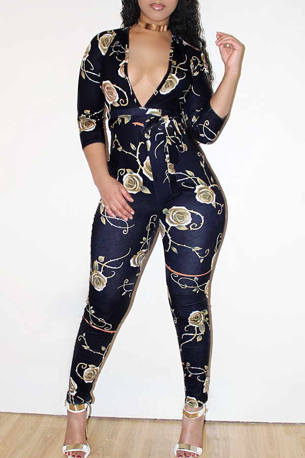 

Lovely Sexy Floral Printed Skinny Dark Blue Blending One-piece Jumpsuit