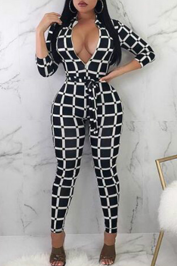 

Lovely Euramerican Grids Printed Skinny Black One-piece Jumpsuit