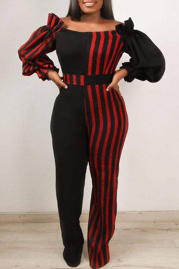 

Lovely African Striped Patchwork Black Blending One-piece Jumpsuit