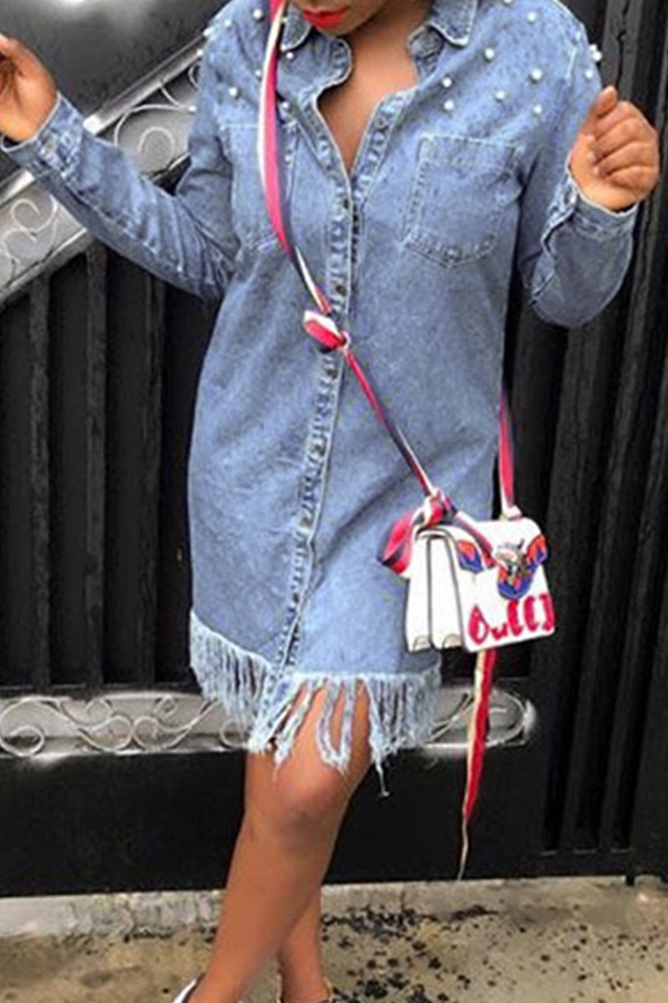 

Lovely Euramerican Tassel Design Light Blue Denim Knee Length Dress