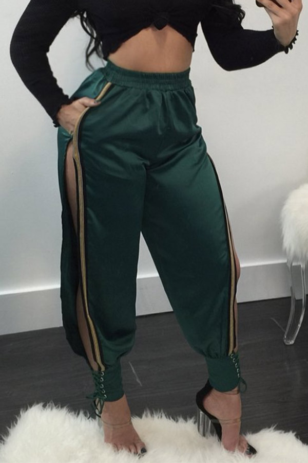 

Lovely Casual Side High Slit Loose Green Pants