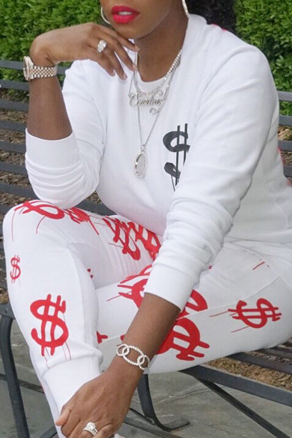 

Lovely Casual Long Sleeves Printed White Twilled Satin Two-piece Pants Set