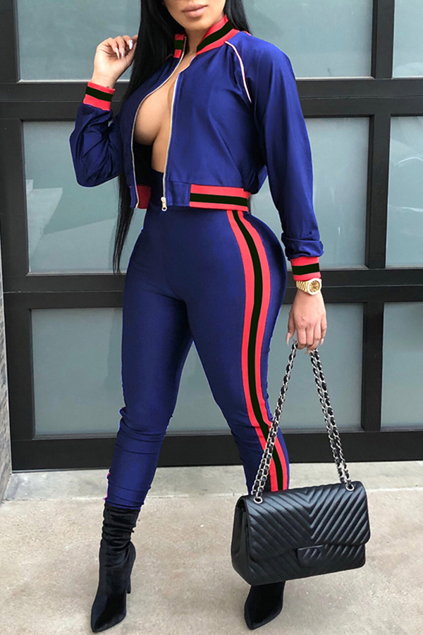 

Lovely Trendy Patchwork Royal Blue Knitting Two-piece Pants Set
