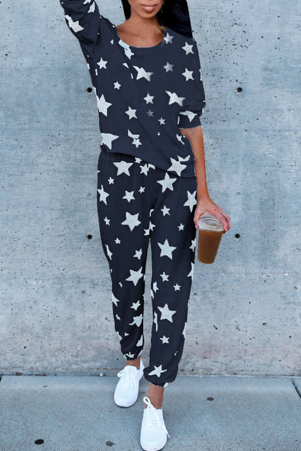 

Lovely Casual Long Sleeves Printed Dark Blue Cotton Two-piece Pants Set