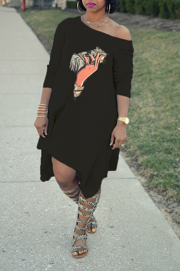 

Lovely Euramerican Asymmetrical Printed Black Mid Calf Dress