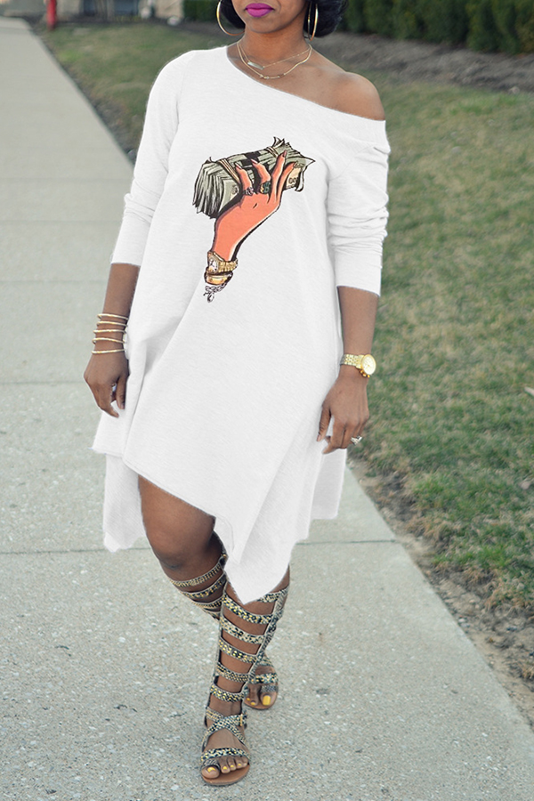 

Lovely Euramerican Asymmetrical Printed White Mid Calf Dress