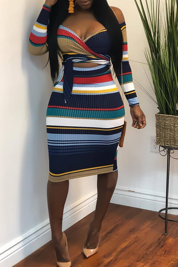 Lovely Casual Striped Knot Design Blue Knitting Knee Length Dress