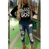 Lovely Casual Long Sleeves Letters Printed Black B