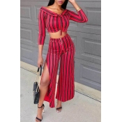Lovely Casual Striped Slit Red Twilled Satin Two-p