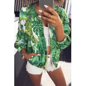Lovely Casual Floral Printed Short Green Coat