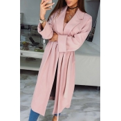 Lovely Casual Lace-up Long Pink Trench Coats