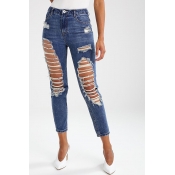 Lovely Casual Broken Holes Blue Denim Jeans
