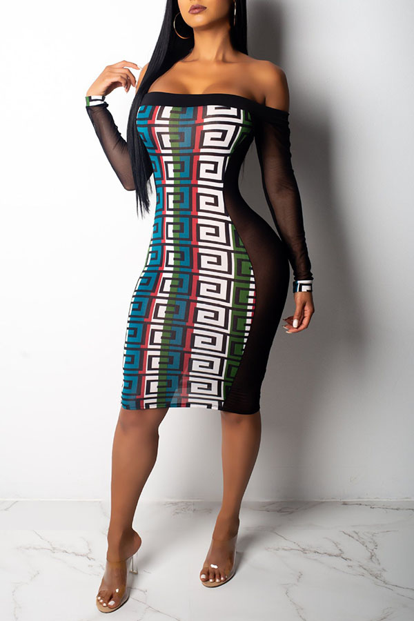 

Lovely African Printed Dew Shoulder Black Blending Knee Length Dress