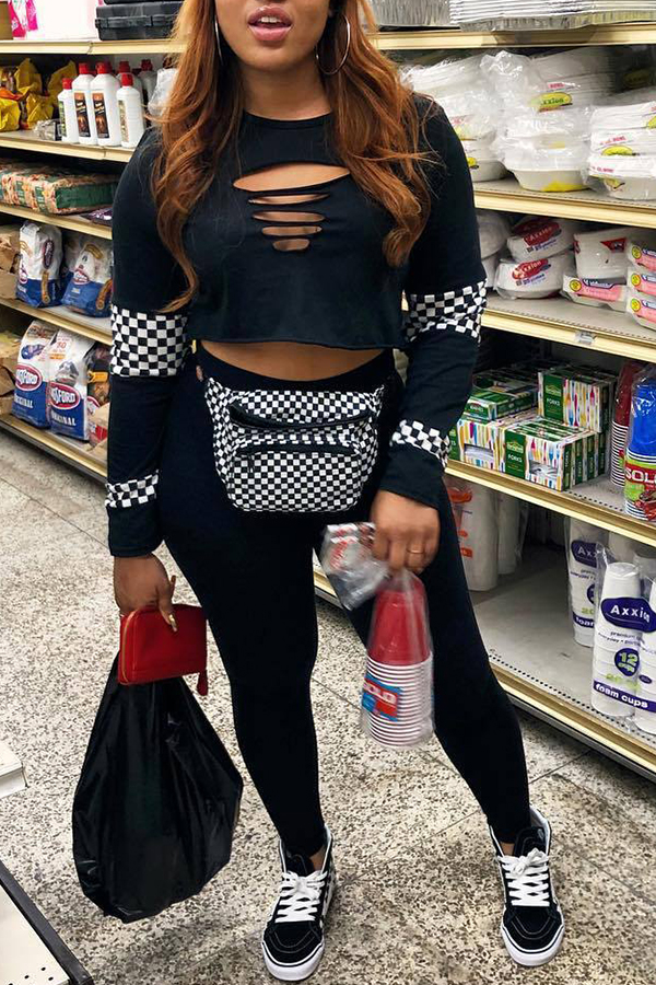 

Lovely Casual Grids Printed Black Twilled Satin Two-piece Pants Set