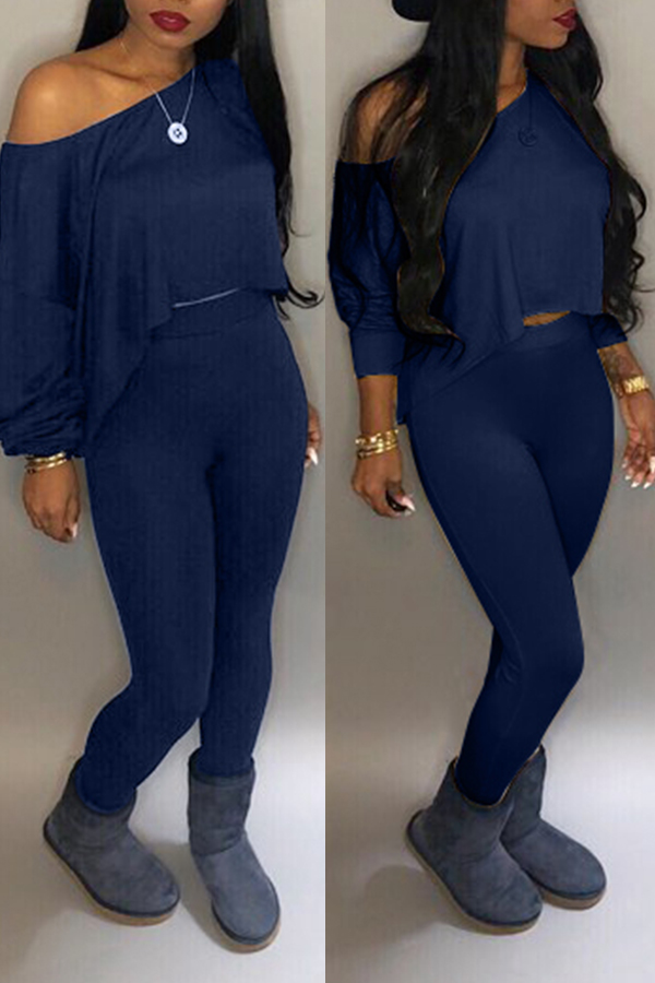 Lovely Casual Long Sleeves Navy Blue Two-piece Pants Set
