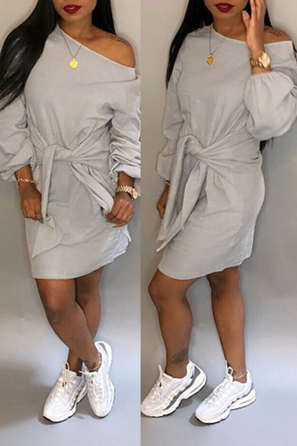 

Lovely Casual Long Sleeves Lace-up Grey Knee Length Dress