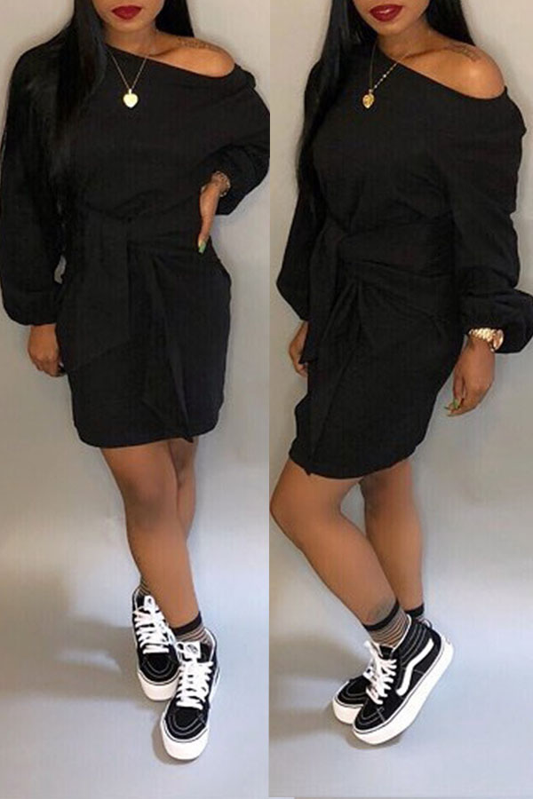 

Lovely Casual Long Sleeves Lace-up Black Knee Length Dress