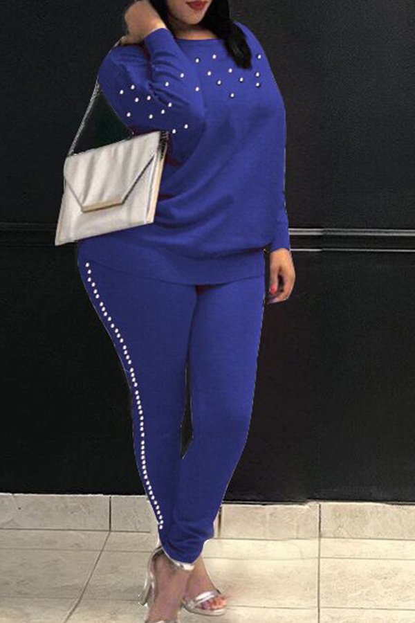 

Lovely Sweet Nail Bead Design Royal Blue Cotton Two-piece Pants Set