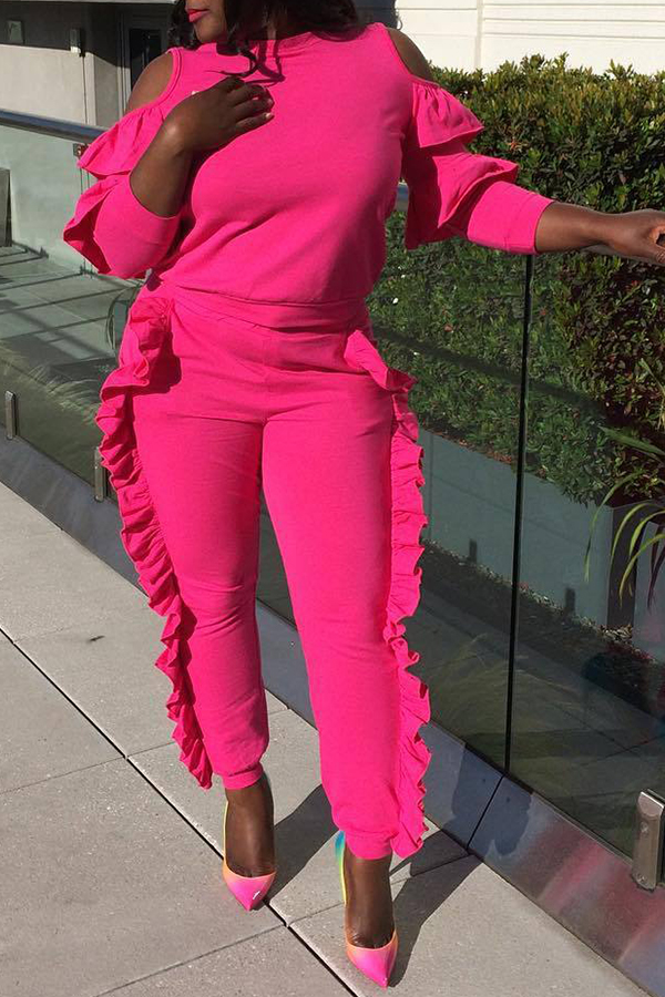 

Lovely Sweet Long Sleeves Flounce Design Rose Red Blending Two-piece Pants Set
