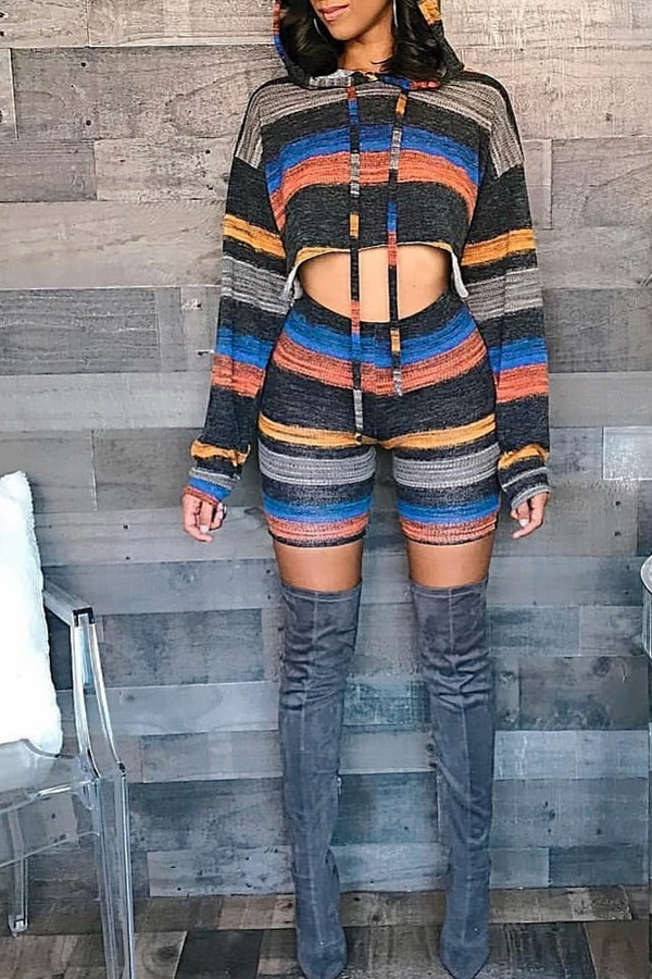 

Lovely Trendy Hooded Collar Striped Multicolor Two-piece Shorts Set