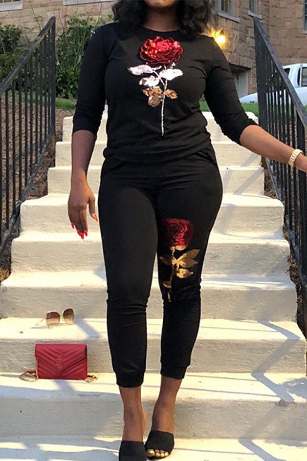 

Lovely Casual Long Sleeves Bead Piece Embroidered Black Two-piece Pants Set