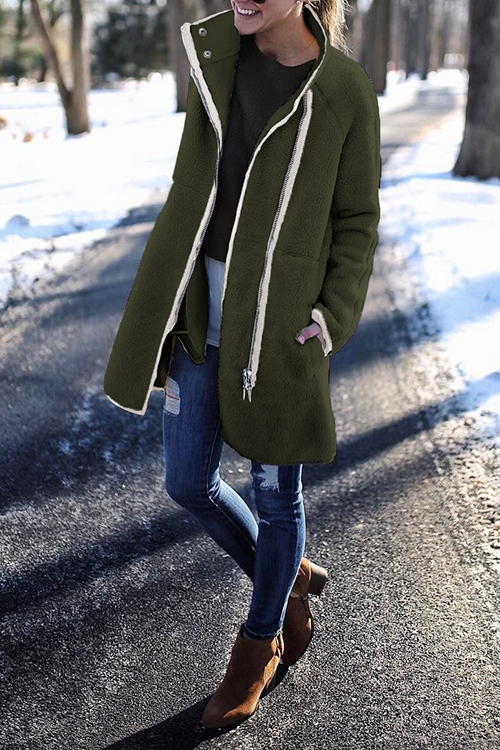 

Lovely Patchwork Long Army Green Coat