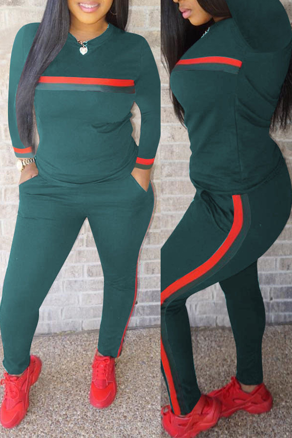 

Lovely Casual Striped Green Blending Two-piece Pants Set