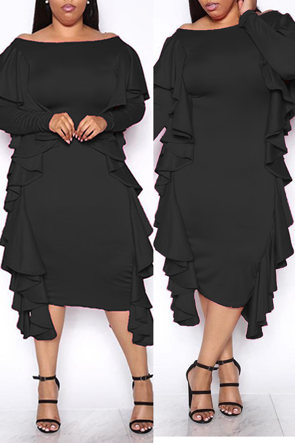 

Lovely Work Flounce Design Black Mid Calf Dress