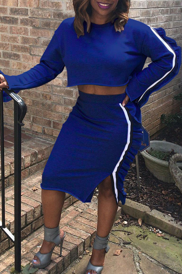 

Lovely Casual Long Sleeves Flounce Design Blue Cotton Two-piece Skirt Set