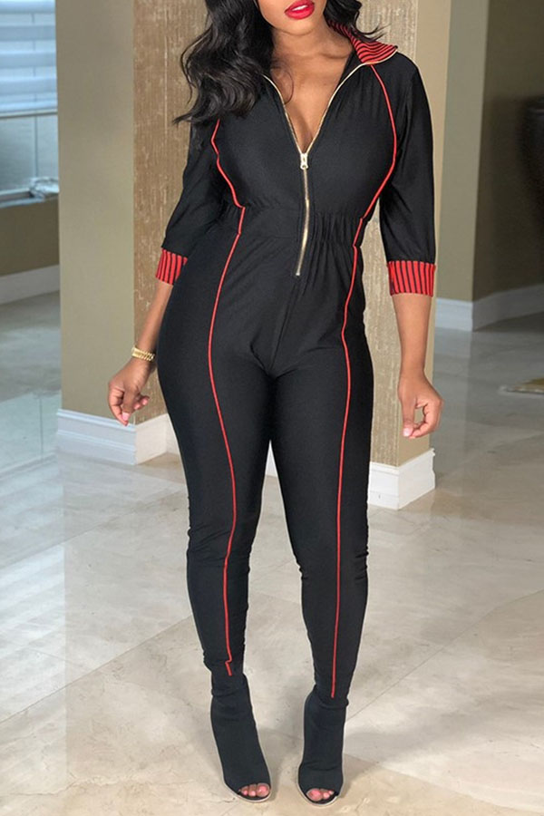 

Lovely Casual Zippers Design Skinny Black Twilled Satin One-piece Jumpsuit