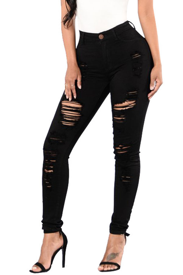 

Lovely Euramerican Broken Holes Skinny Black Cotton Pants