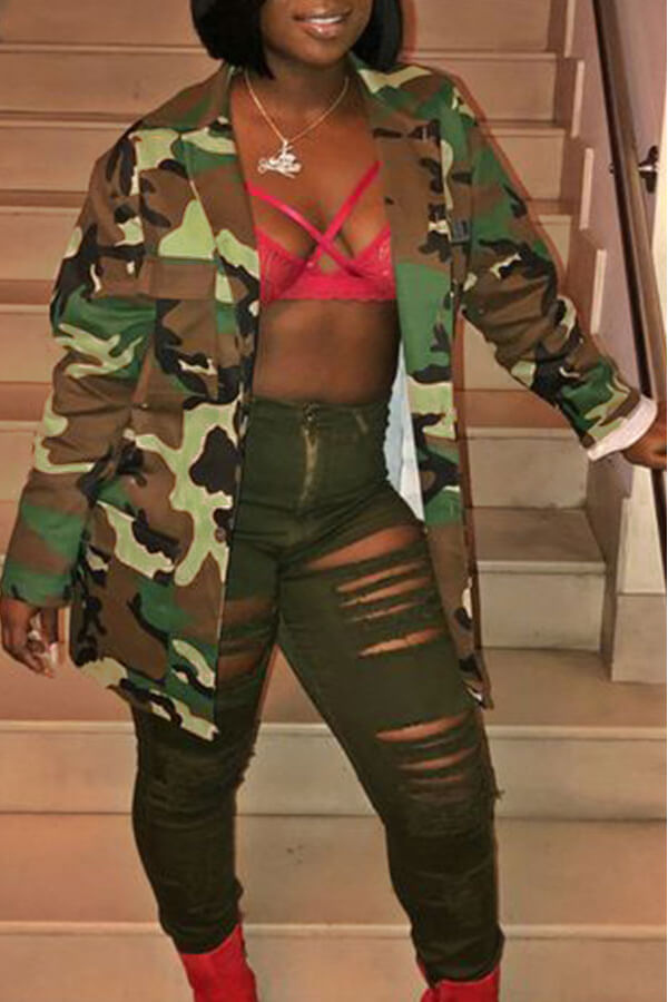

Lovely Casual Camouflage Printed Army Green Coat, Army green camouflag