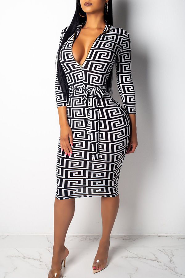 

Lovely African Printed Slim White Knee Length Dress