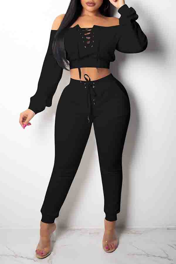 Lovely Euramerican Dew Shoulder Black Twilled Satin Two-piece Pants Set