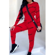 Lovely Casual Letters Printed Skinny Red Two-piece