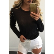 Lovely Casual Long Sleeves Lace-up Black T-shirt