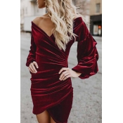 Lovely Elegant Lantern Sleeves Wine Red Mini Dress