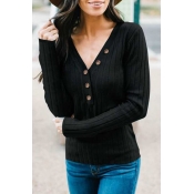 Lovely Casual Buttons Decorative Black Knitting Sw