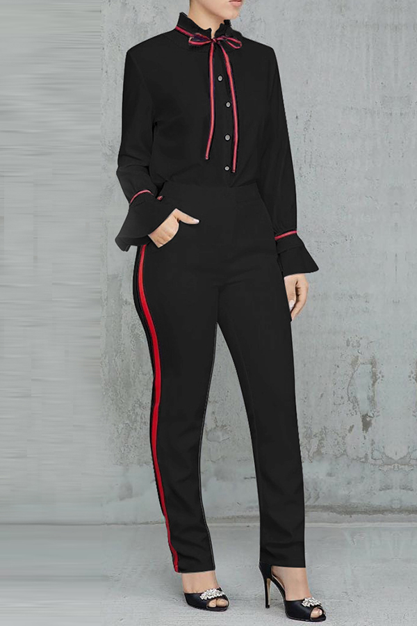 

Lovely Sweet Long Sleeves Patchwork Black Blending Two-piece Pants Set