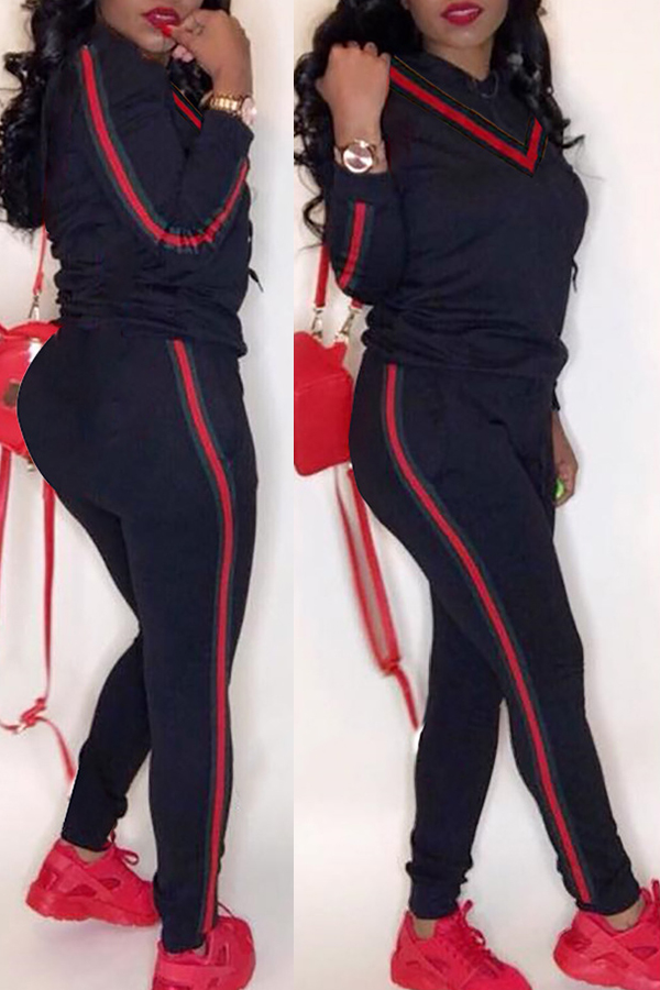 

Lovely Casual Striped Black Cotton Two-piece Pants Set