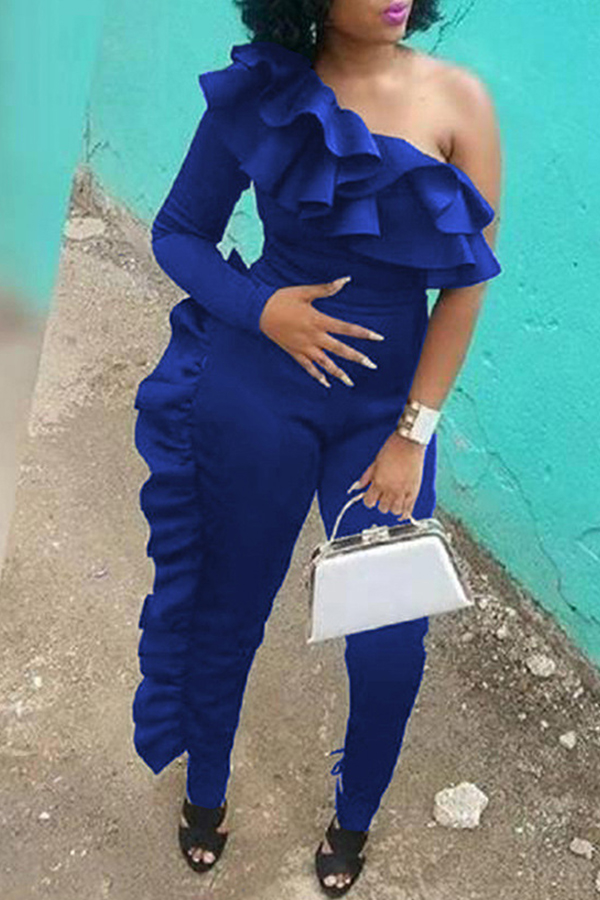 

Lovely Euramerican Flounce Design Blue One-piece Jumpsuit