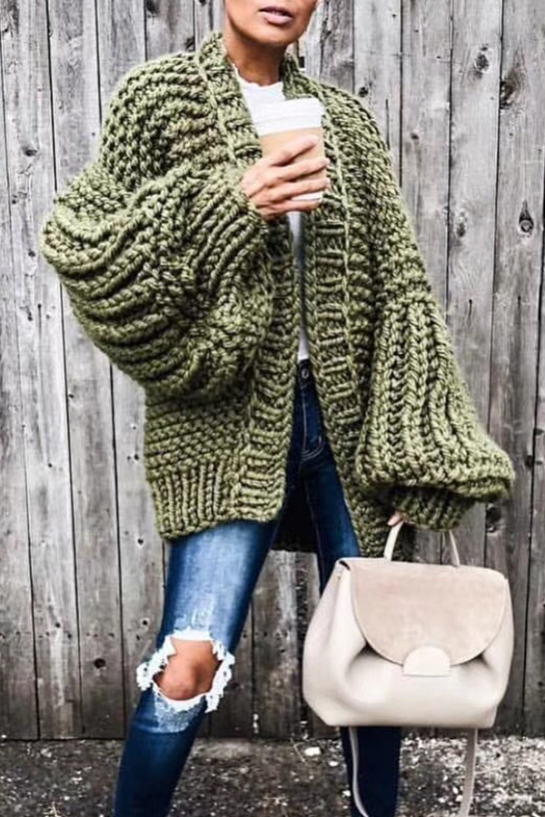 

Lovely Casual Puff Sleeves Army Green Cotton Coat