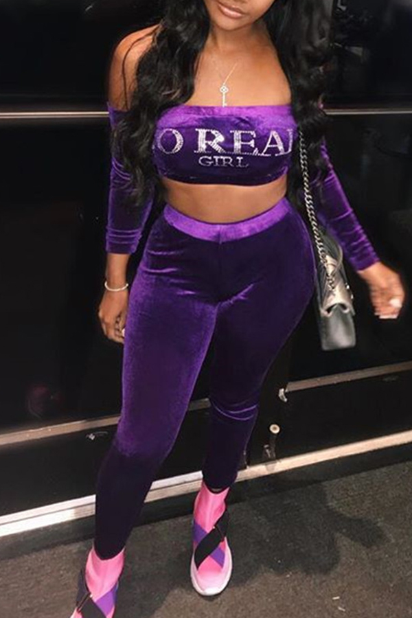 

Lovely Sexy Long Sleeves Strapless Purple Two-piece Pants Set