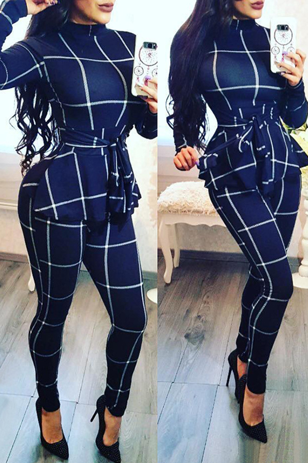 

Lovely Casual Long Sleeves Plaids Blue One-piece Jumpsuit